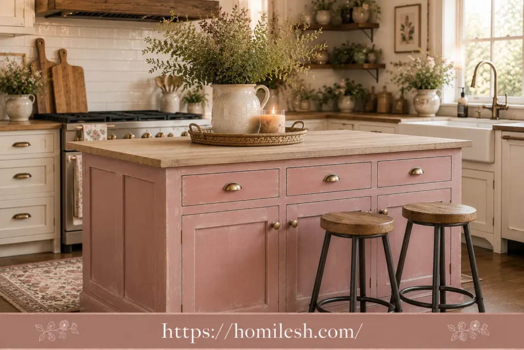 Dusty rose painted kitchen island with vintage knobs