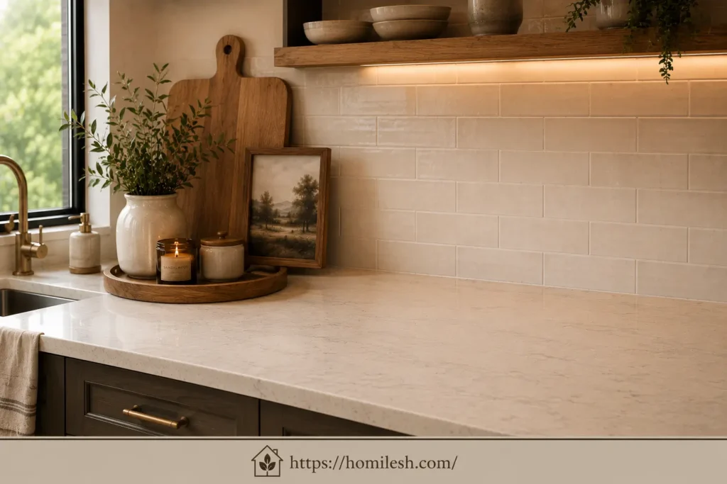 Clutter free kitchen countertop section reserved for food prep