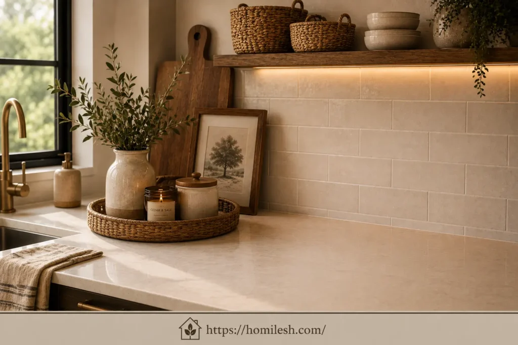Woven rattan basket holding fruit on kitchen counter