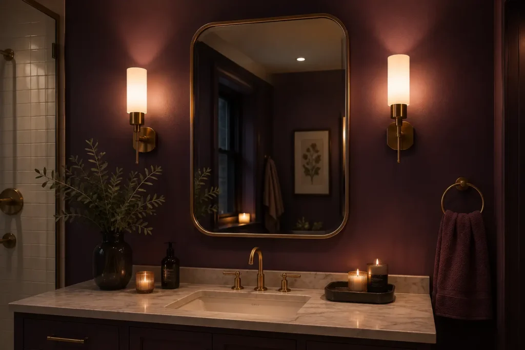 Warm toned wall sconces lighting an aubergine bathroom vanity mirror