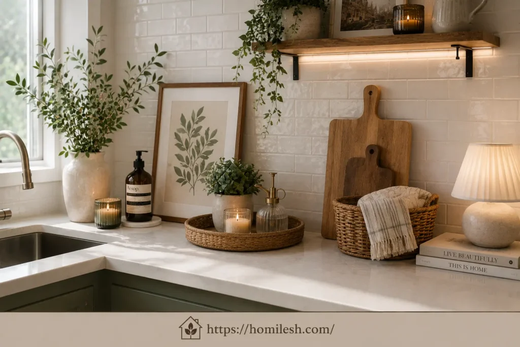 Rental friendly kitchen countertop decor with removable trays and baskets