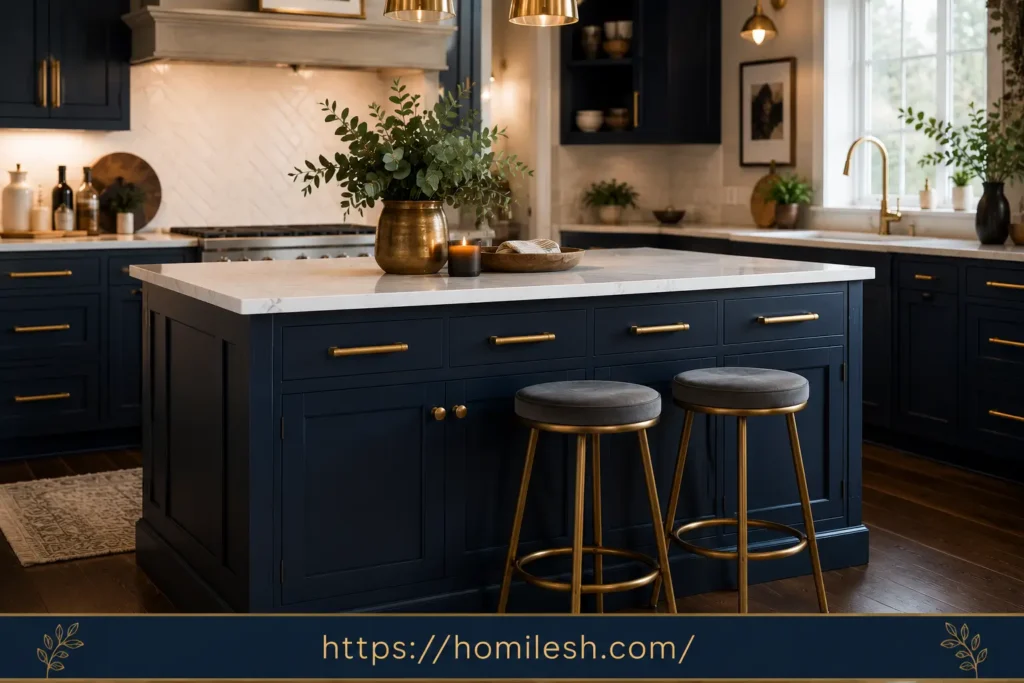 Navy blue painted kitchen island with gold hardware in a bright kitchen