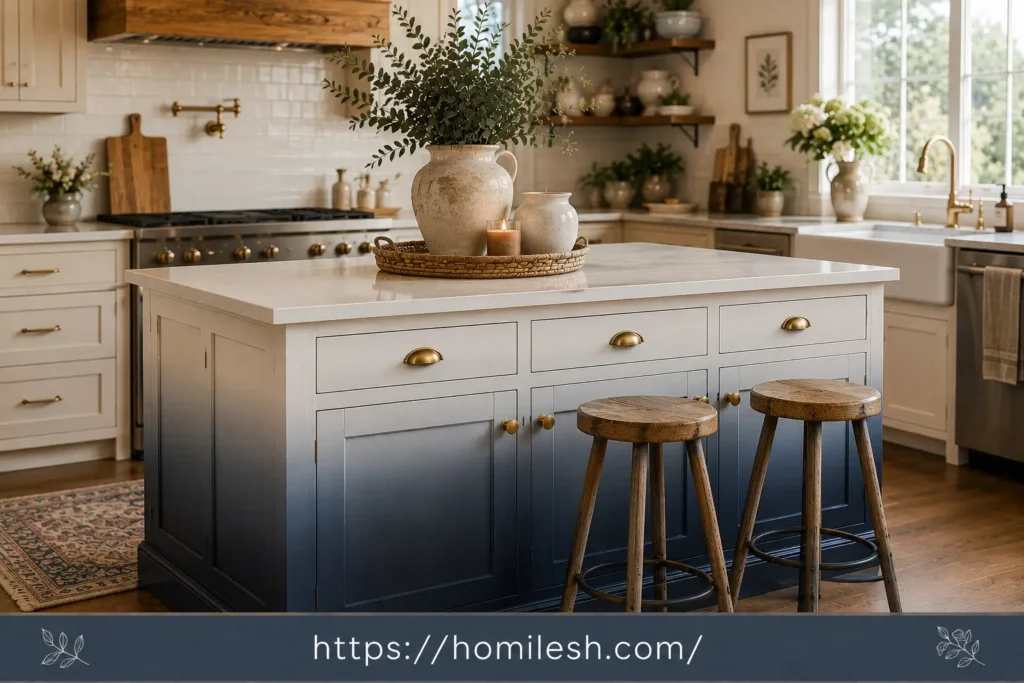 Ombre fade painted kitchen island from dark to light