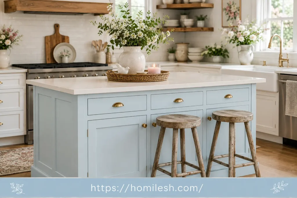 Pastel blue painted kitchen island in a small kitchen