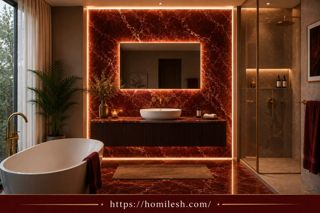 backlit red marble accent wall in modern bathroom with warm glowing veining