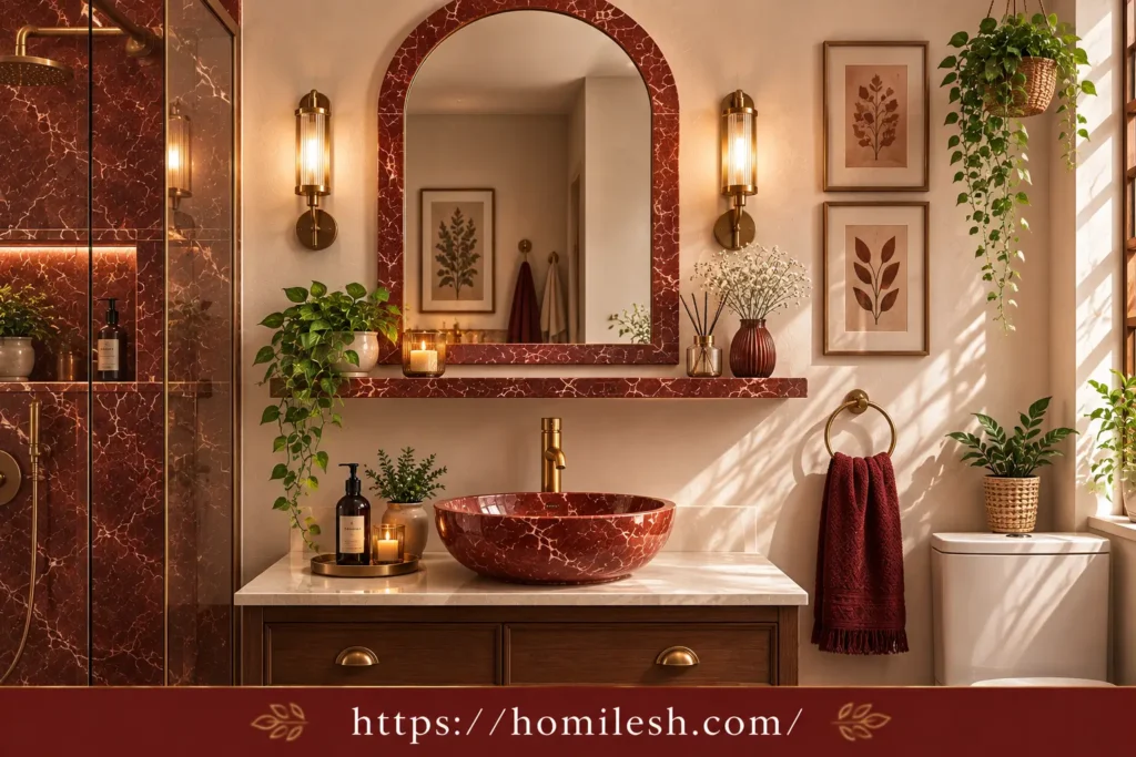 red marble framed mirror and floating shelf rental friendly bathroom decor