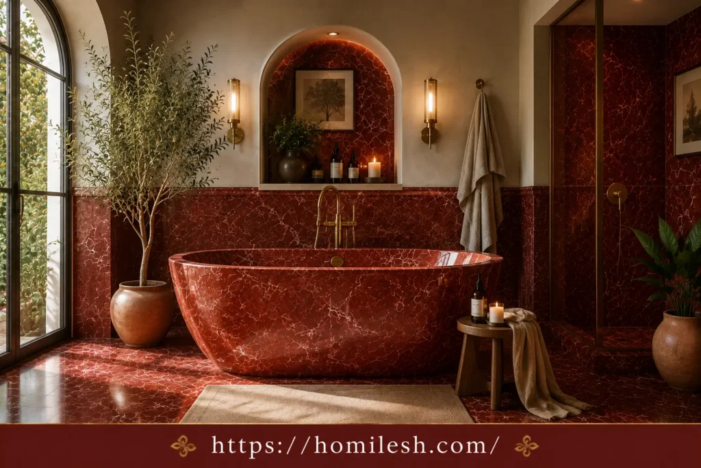 freestanding red marble bathtub in neutral bathroom