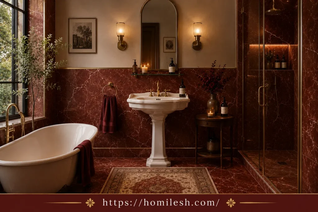 red marble pedestal sink with brass legs apothecary style powder room