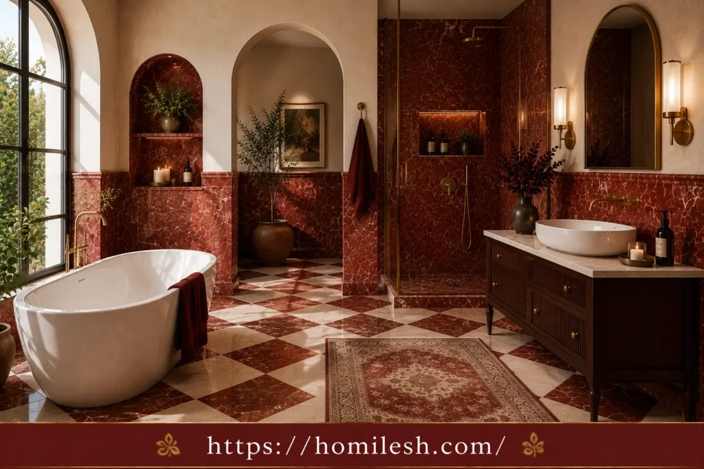 red and cream marble checkerboard diamond floor bathroom