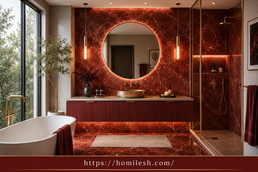 fluted red marble vanity front with brass hardware in luxury bathroom