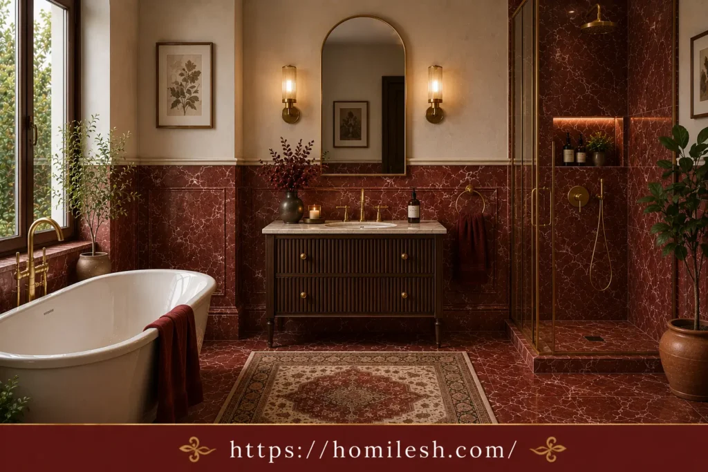 red marble wainscoting half wall with painted upper wall bathroom