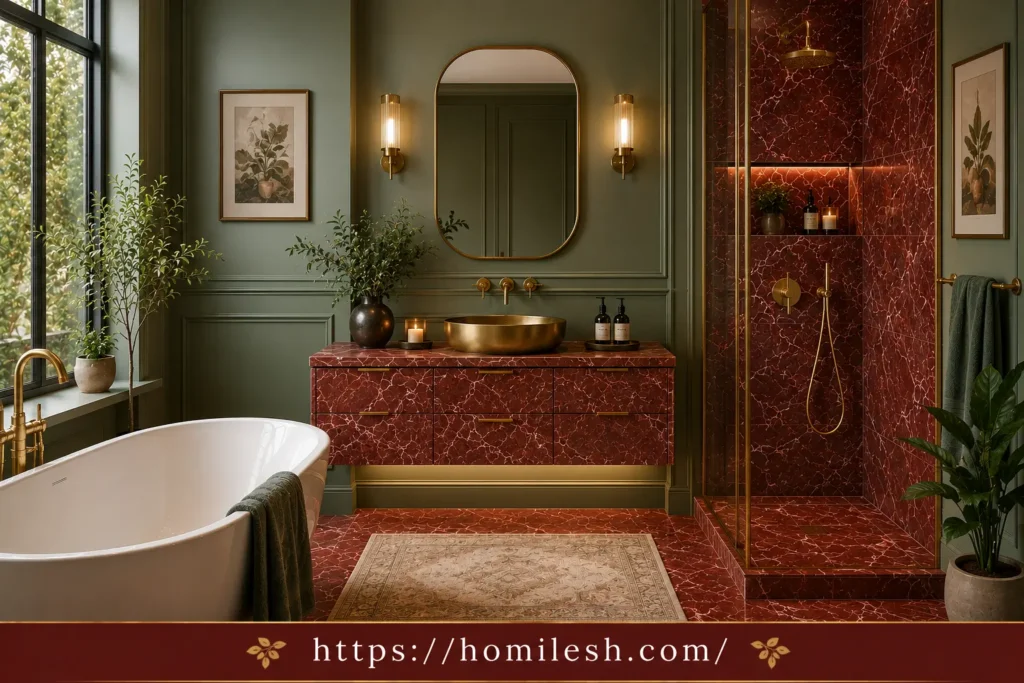 red marble vanity countertop paired with sage green bathroom walls