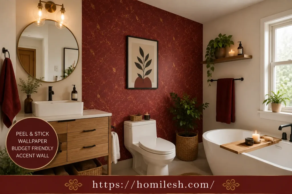 peel and stick red marble wallpaper accent wall budget bathroom idea