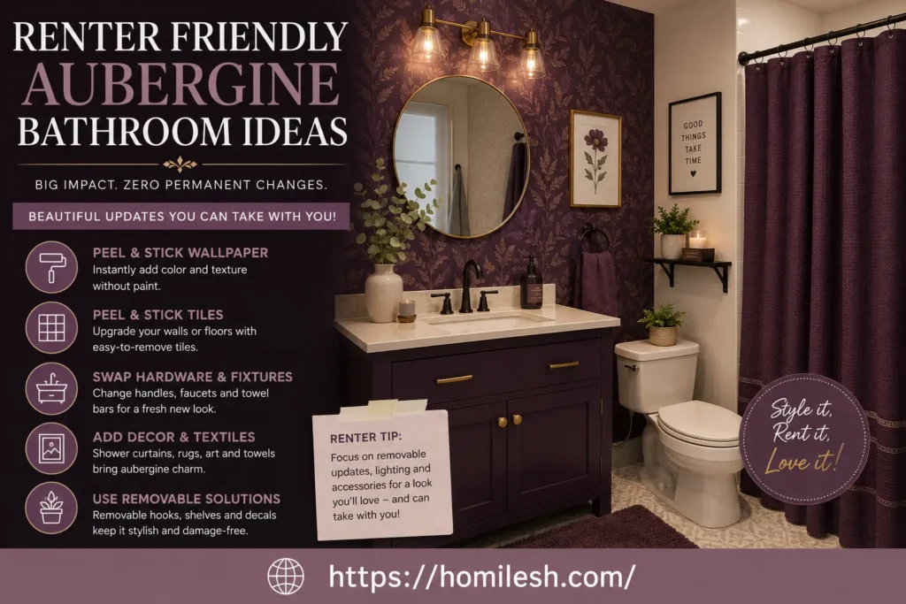 Rental bathroom with peel and stick aubergine wallpaper and matching towel