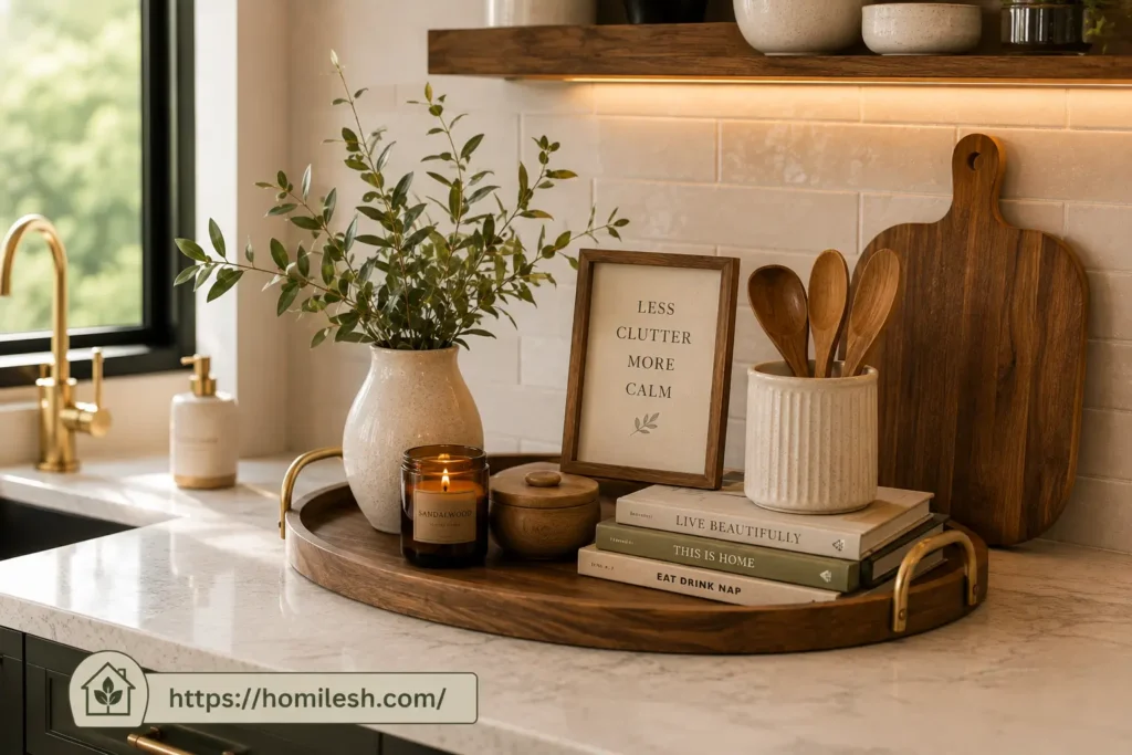 Wooden tray anchoring oils and spices on kitchen countertop