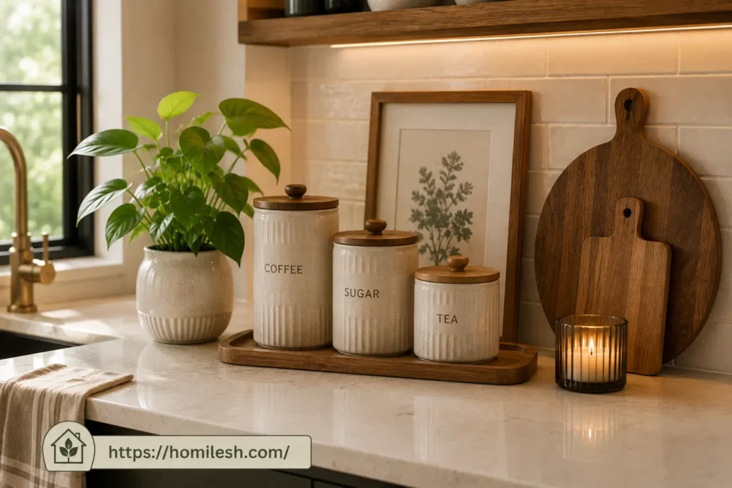 Matching ceramic canisters replacing food packaging on kitchen counter