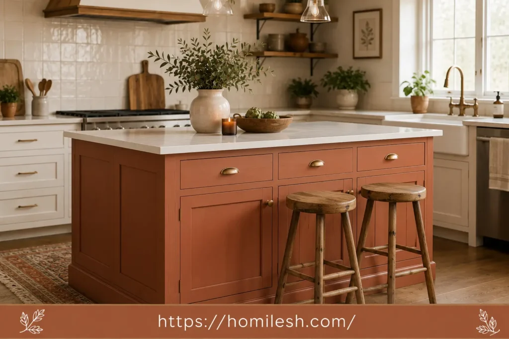 Terracotta clay colored kitchen island with wood countertop