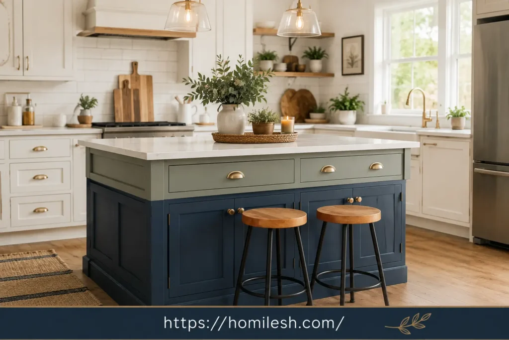 Two tone kitchen island painted forest green against white cabinets