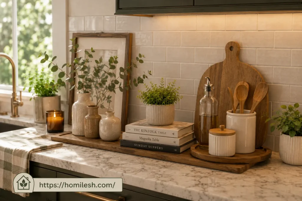 Rule of three styling grouping on kitchen countertop with plant and jars