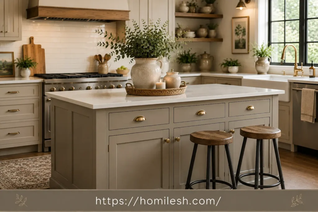 Warm greige painted kitchen island in a transitional kitchen