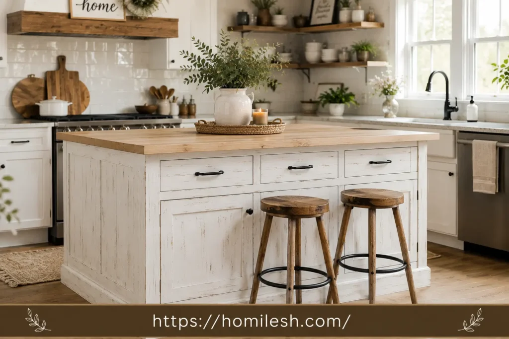Whitewashed farmhouse style painted kitchen island