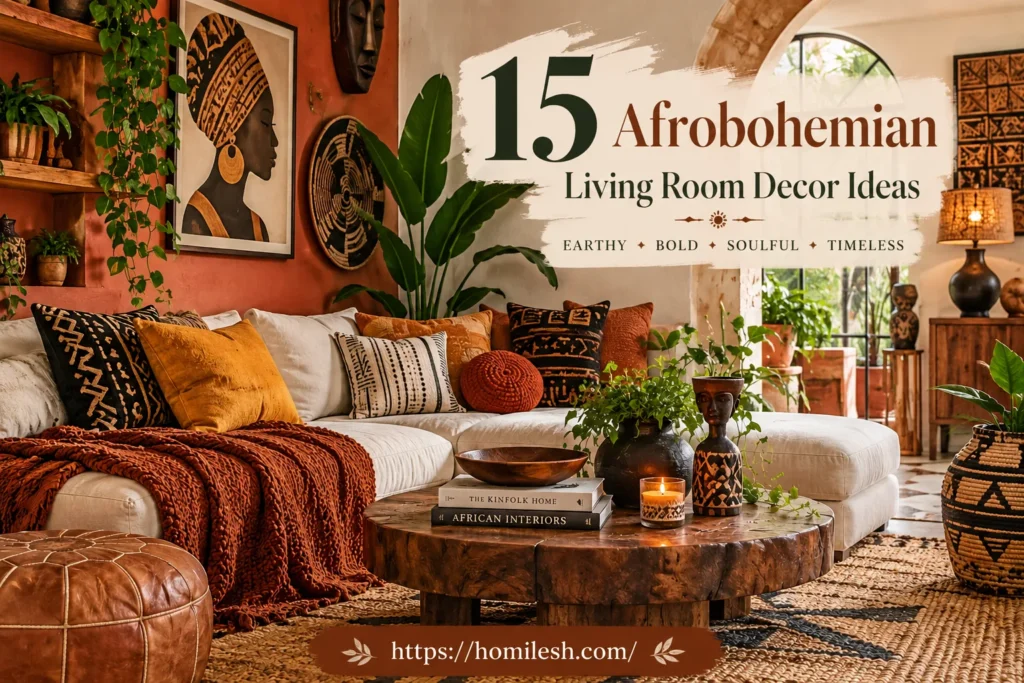 Afrobohemian living room decor ideas with terracotta wall and rattan chair