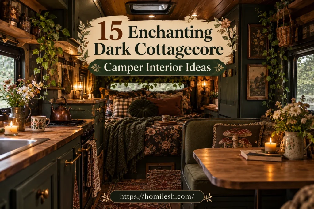 Dark cottagecore camper interior ideas with velvet cushions and warm lantern light