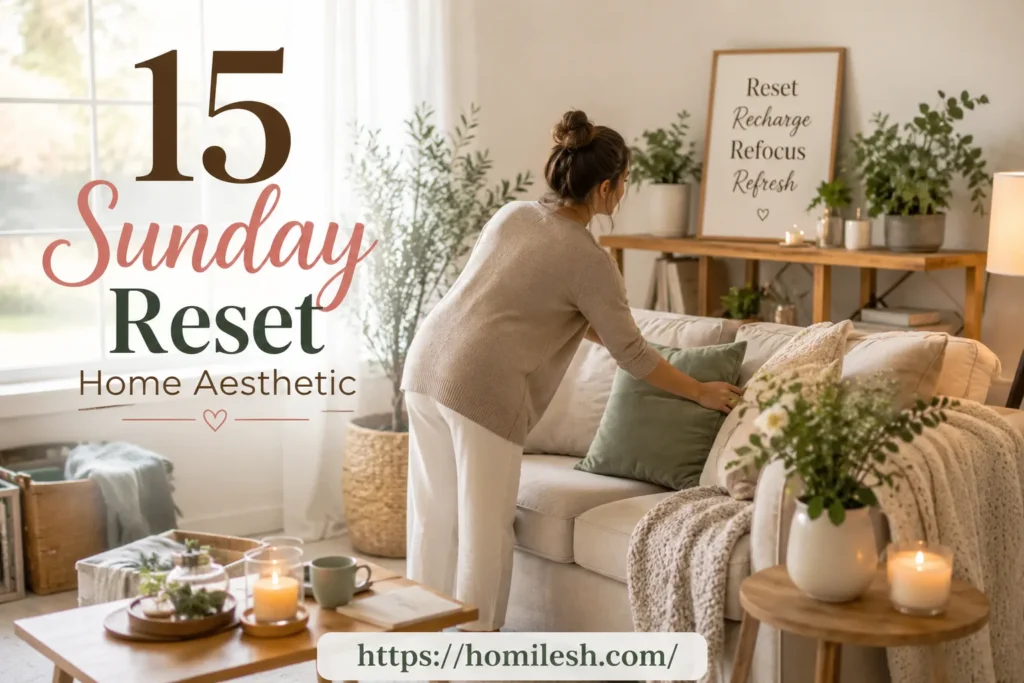 Sunday reset home aesthetic ideas showing styled living room with candle and throw blanket