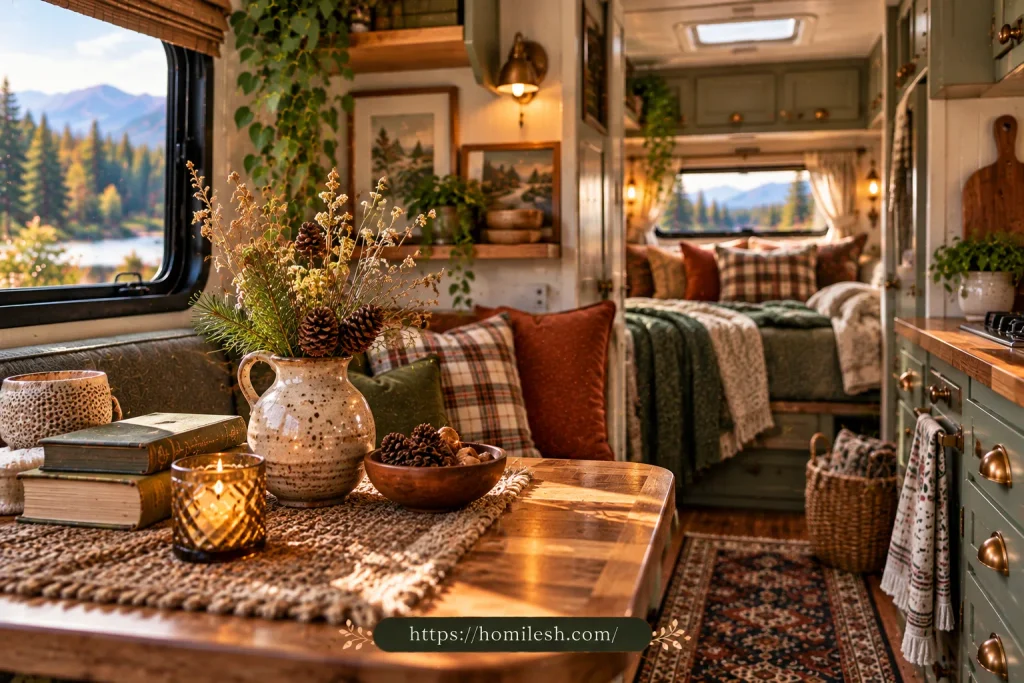 Small ceramic vessel with foraged pinecones on camper counter