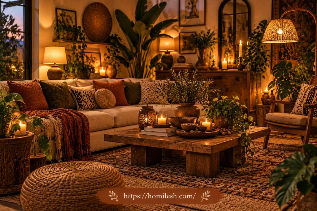 Rattan pendant light and warm lamp lighting in living room