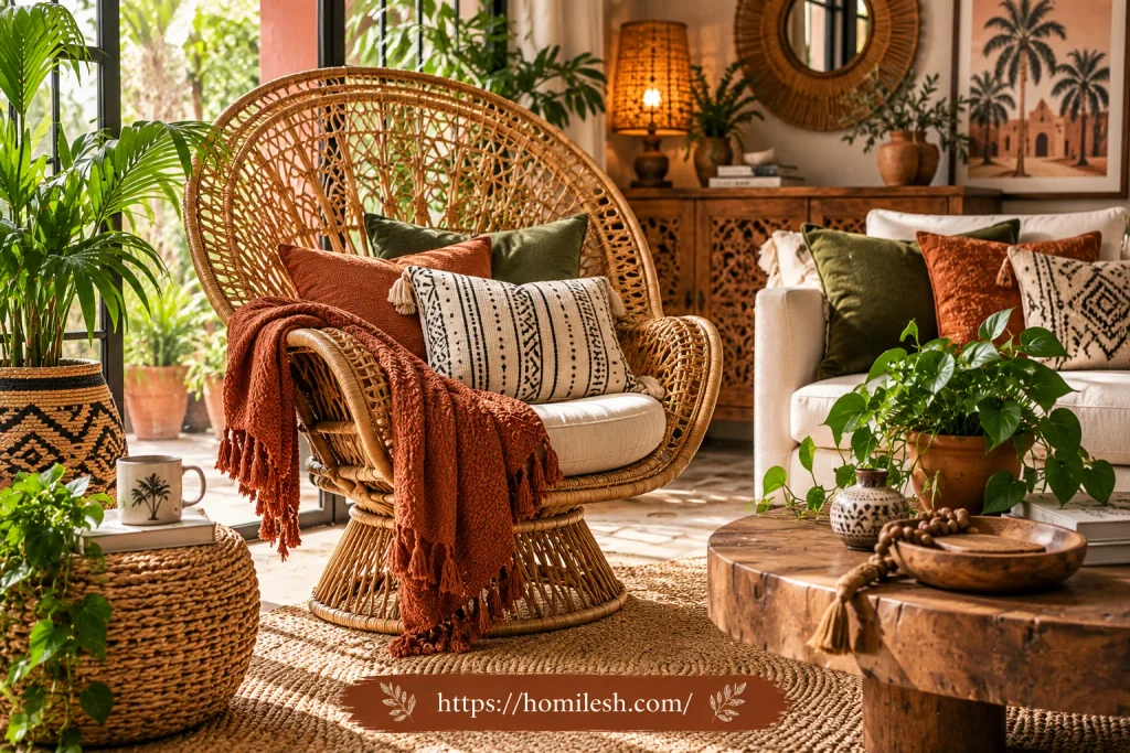 Rattan peacock chair styled in bohemian reading corner