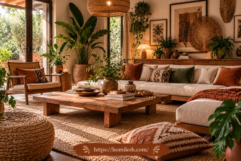 Low profile wooden furniture in warm toned living room