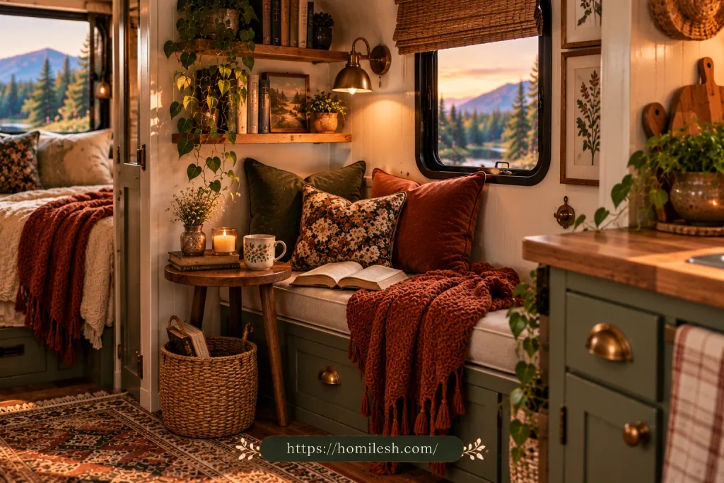 Cozy reading nook corner in small camper interior