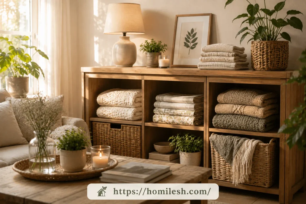 Folded throw blanket and stacked towels for textile styling
