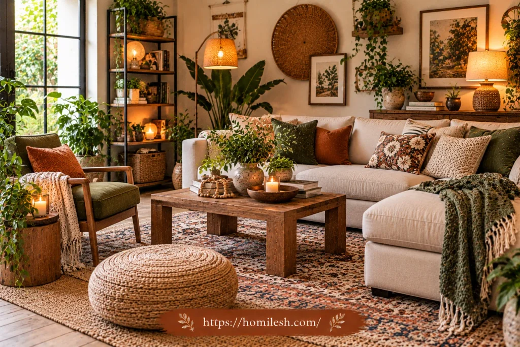 Budget friendly afrobohemian living room decor with secondhand furniture