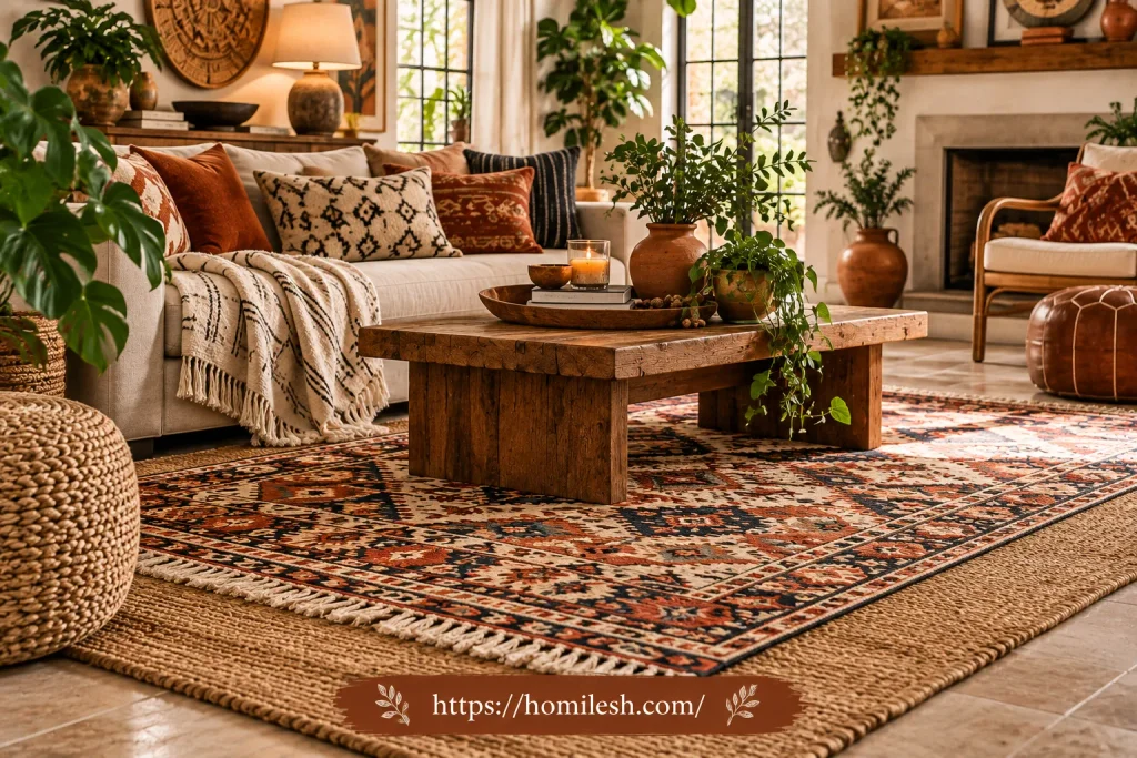 Layered jute and patterned rug in afrobohemian living room