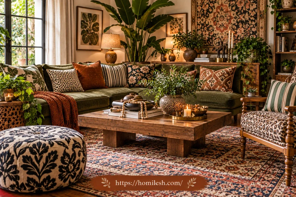 Mixed scale patterned cushions on neutral sofa
