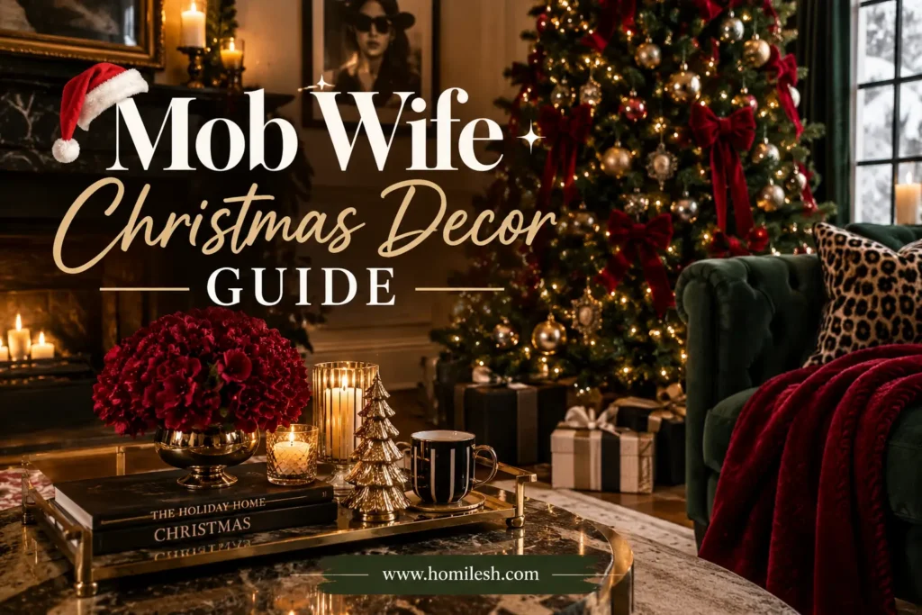 Mob wife Christmas decor with wine velvet ribbon and gold candlesticks
