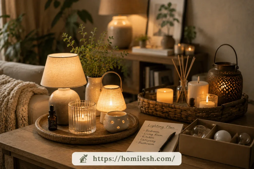 Warm lamp lighting styled for cozy sunday reset aesthetic