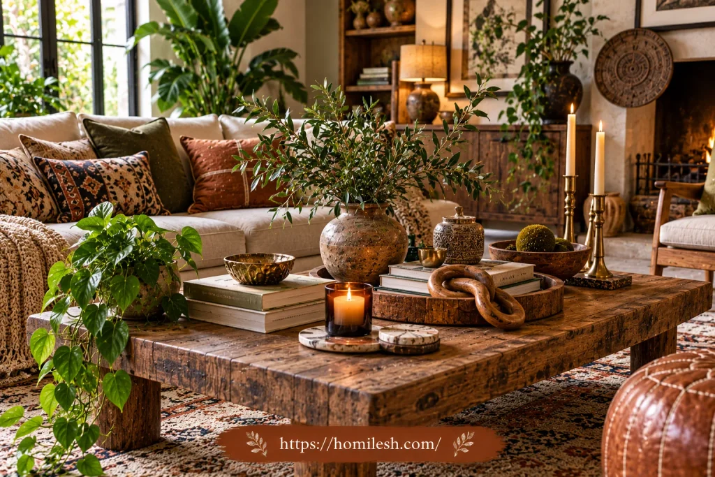Styled coffee table with curated object collection
