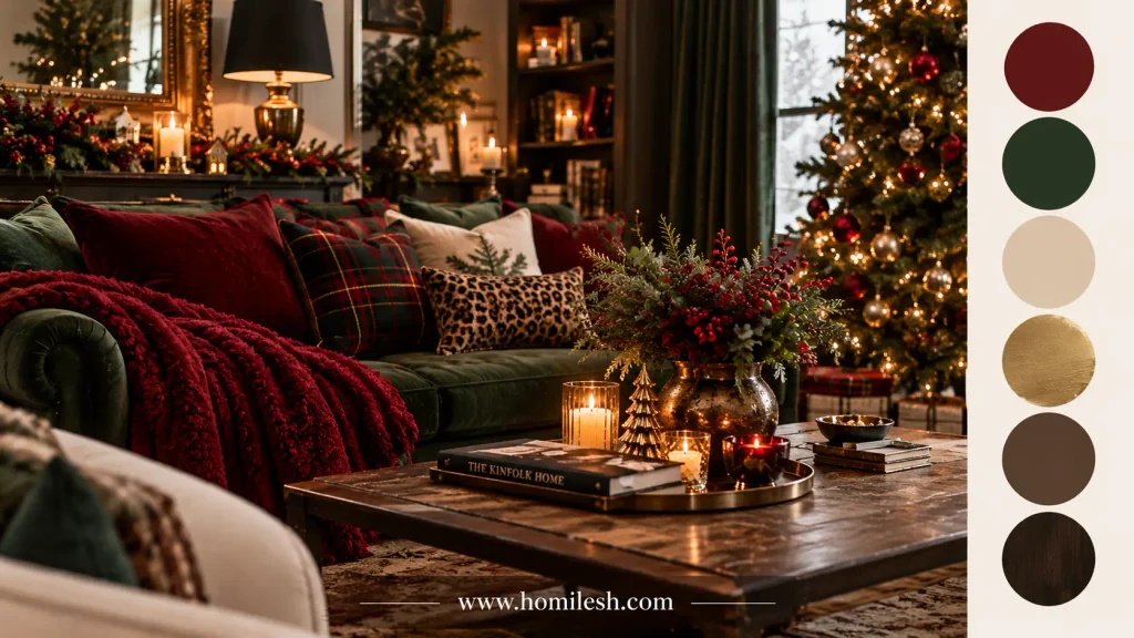 Wine red and gold ornaments layered on mob wife Christmas tree