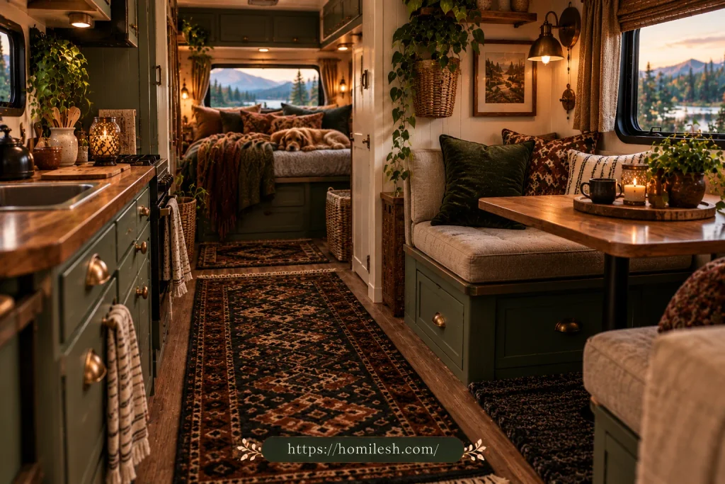 Dark patterned washable rug sized for camper flooring