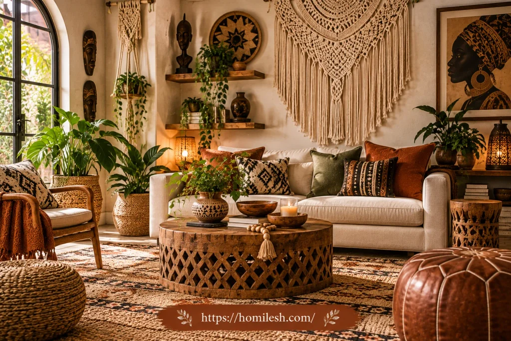 Macrame wall hanging behind sofa in afrobohemian living room