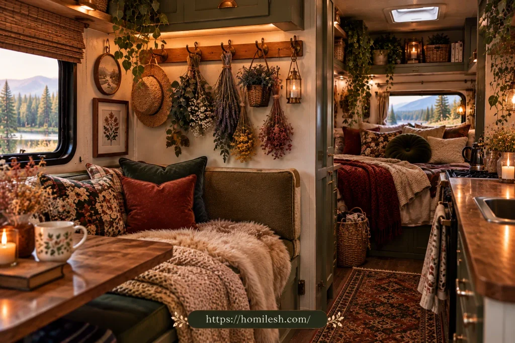 Dried lavender and eucalyptus hanging on removable camper wall hooks
