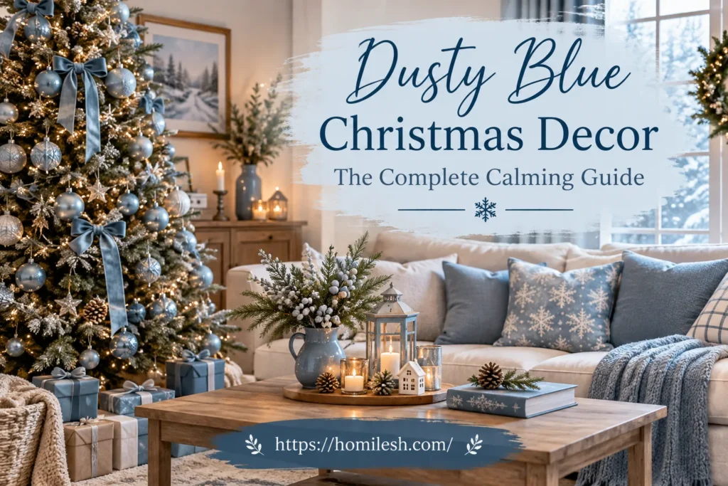 Dusty blue christmas decor with velvet ribbon and brass candlesticks