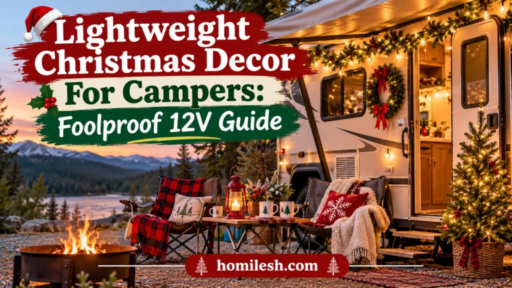 Lightweight Christmas decor for campers with small tree and warm 12V string lights inside a travel trailer