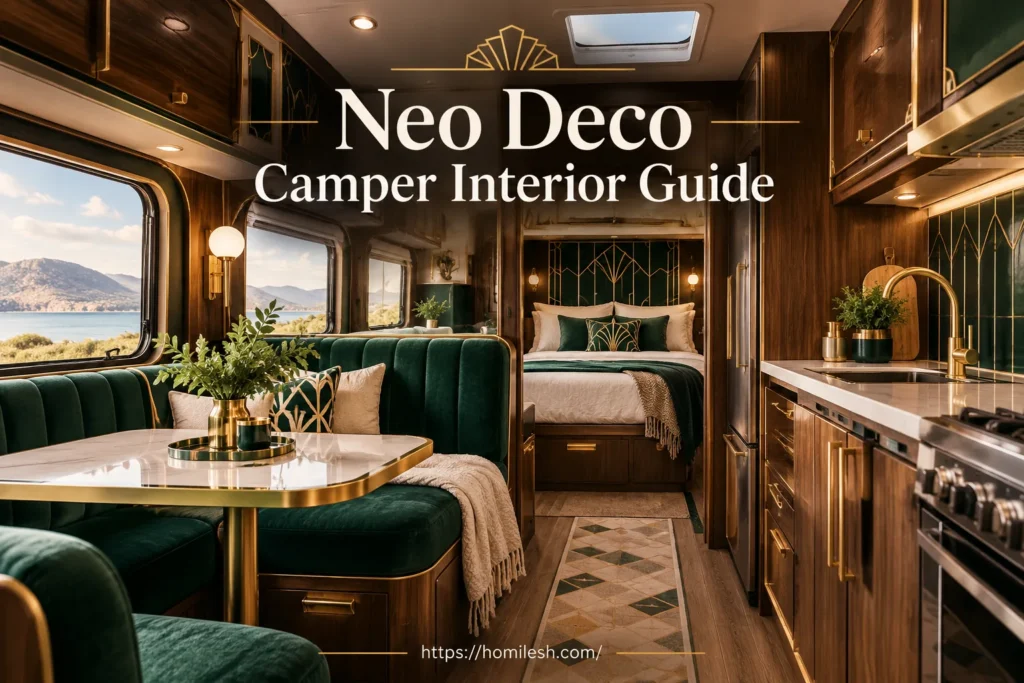 Neo deco camper interior with brass hardware and chevron patterned textiles