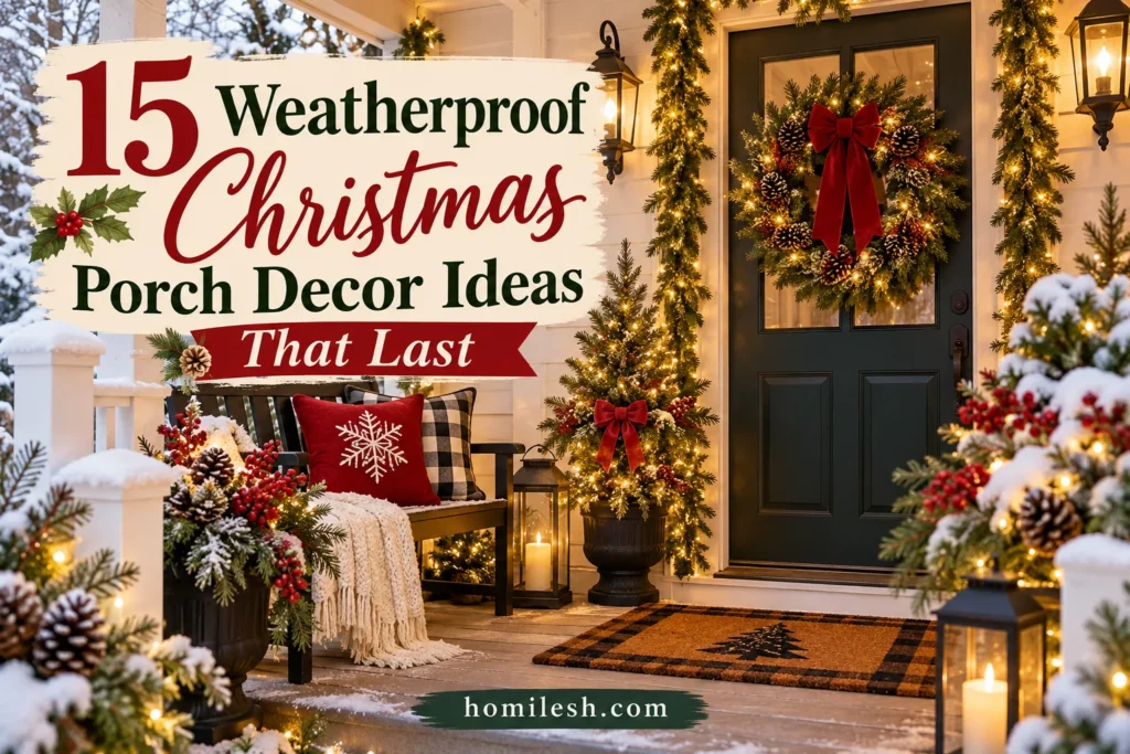 Weatherproof Christmas porch decor ideas with weighted planters and secured wreath